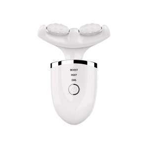 Masajor de gât alb cu trei capete de masaj și un panou de control cu butoane pentru boost, heat și EMS - Dispozitiv de îngrijire facială