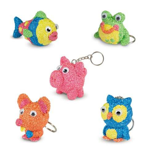 Galt Beady Keyrings craft kit, finished keychains: fish, frog, pig, owl, mouse