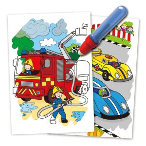 Close-up of Galt Water Magic Vehicles coloring pages with fire truck and race cars - Galt
