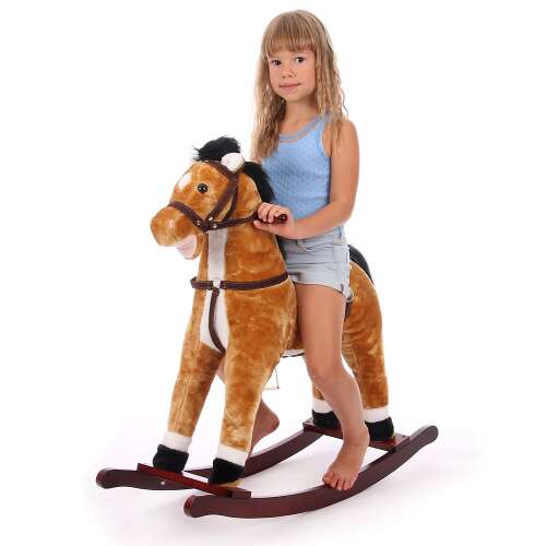 Barna hintaló fekete sörénnyel és farokkal, fa talppal, plüss testtel, gyerekeknek, lovagló játék