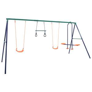 vidaXL steel swing set with 2 single swings, 2 gym rings, and a seesaw - Outdoor Swing