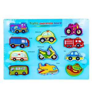 Wooden traffic awareness board puzzle for kids, featuring 11 vehicles including a crane, truck, bus, police car, fire engine, motorcycle, ambulance, taxi, plane, and ship - OEM Puzzle