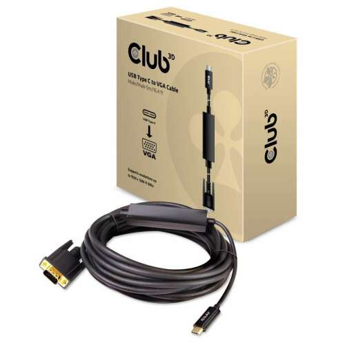 CLUB3D USB Type C - VGA kábel 5m fekete (CAC-1512) - Csatlakoztassa laptopját vagy okostelefonját VGA porttal rendelkező monitorhoz vagy projektorhoz
