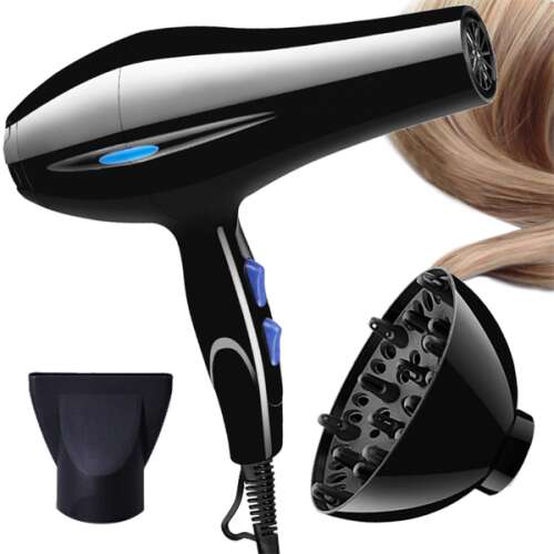 Black hair dryer with blue buttons, a concentrator nozzle, and a diffuser attachment