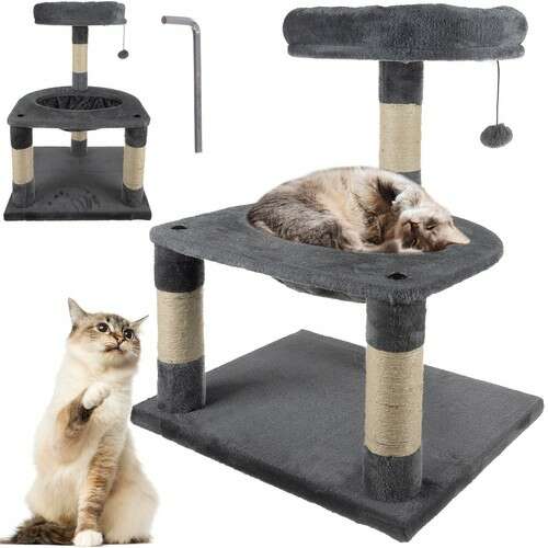 Collage of the gray 3-tier cat tree with scratching posts, a bed, and a hanging toy, showing different angles and a cat using it