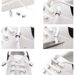Collage showing white elastic shoelaces with magnetic buckles, installed on a white sneaker, and close-up of the buckles - Shoelace