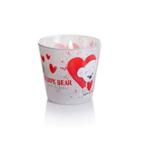Illatgyertya üvegpohárban, Teddy Bear for You felirattal, fehér mackóval és piros szívekkel - Bartek Candles