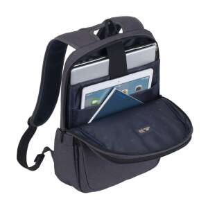 RivaCase Suzuka 15.6 inch laptop backpack, black, open view with laptop and tablet - RIVACASE