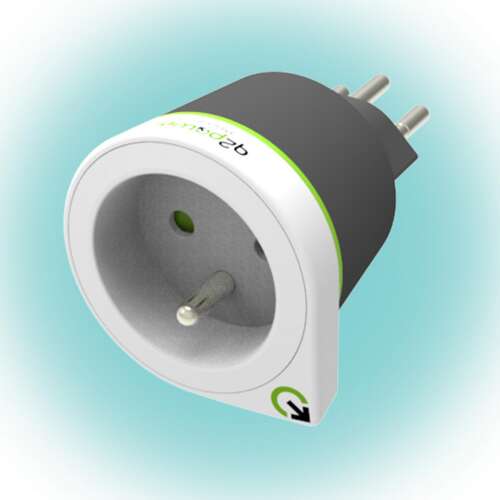 Q2 power travel adapter France to Switzerland, white and grey, angled view