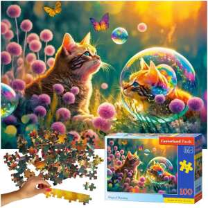 Castorland Magical Morning 100-dielna skladačka pre deti, s dvoma mačkami na lúke s kvetmi, motýľmi a bublinami - Puzzle