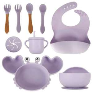 Ikonka 9-piece silicone baby feeding set in lilac, featuring crab plate, bowl, cup, bib, and utensils - Children's dinnerware set