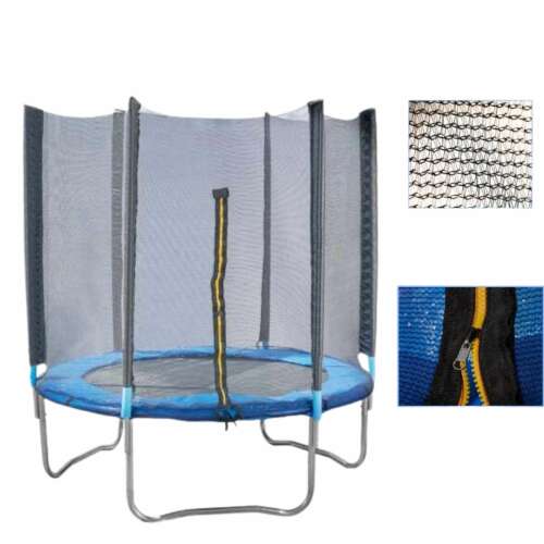 Kerek trambulin biztonsági hálóval, kék ugrófelület, ezüst váz, 180x200cm