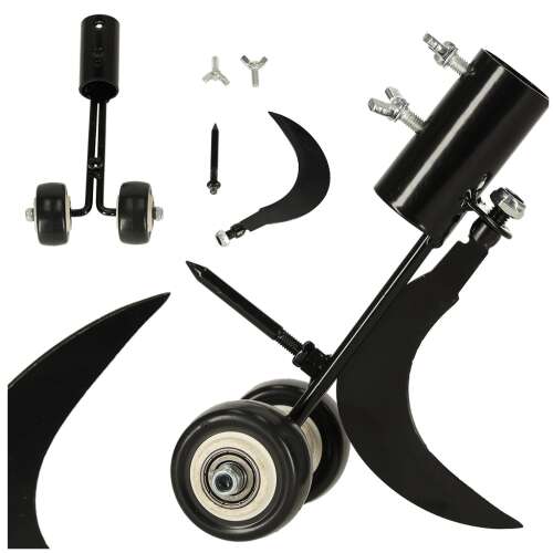 Weed remover with wheels, two blades, and adjustable handle