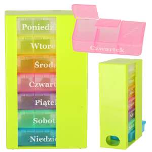 Weekly pill organizer with 7 compartments for each day of the week, green and colorful pill boxes - Drug dispenser