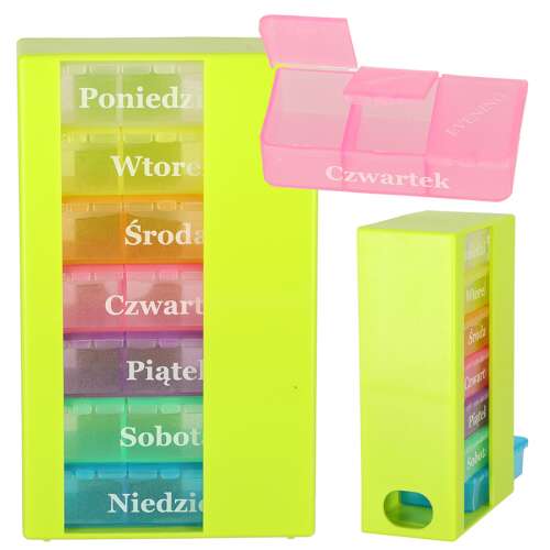Weekly pill organizer with 7 compartments for each day of the week, green and colorful pill boxes