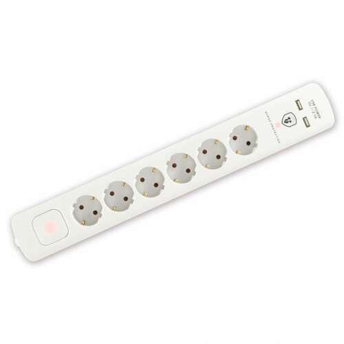 Fehér túlfeszültségvédő 6 aljzat és 2 USB porttal