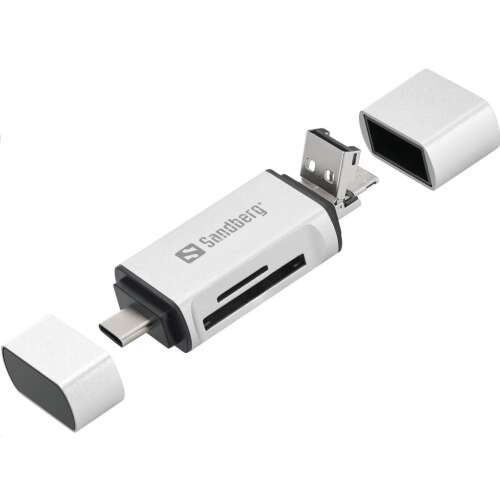 Sandberg 3 az 1-ben kártyaolvasó, fehér és fekete, USB-C, USB, Micro-USB, SD, SDHC, memóriakártya olvasó - Külső kártyaolvasó