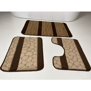 3-piece brown stone pattern bathroom rug set including bath mat, contour rug, and toilet lid cover - Furniture