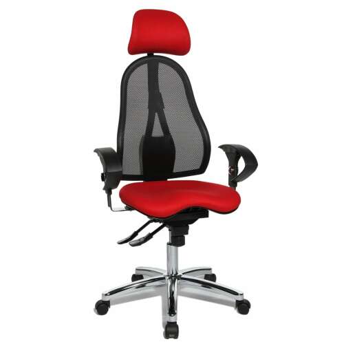 Topstar Sitness 45 ergonomic office chair with adjustable headrest, armrests, and height, red mesh back and red seat