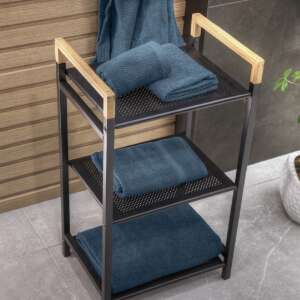 Feridras Haiti 3-tier metal shelf with bamboo handles, black, bathroom storage shelf - Bathroom Furniture