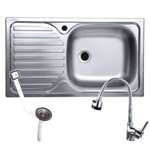 Italbox Stainless Steel Sink Set with Water Softener, for Kitchen Countertop Installation, including Flexible Spout Faucet and Overflow, Right-Hand Bowl 64754724 - Kitchen Sink