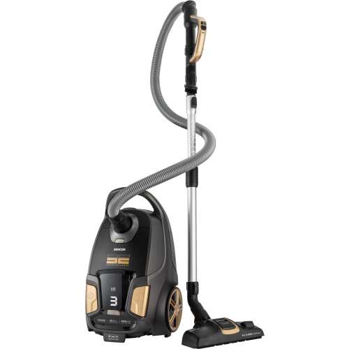 Sencor SVC 9300BK bagged vacuum cleaner, black and gold, with a telescopic tube and a floor nozzle