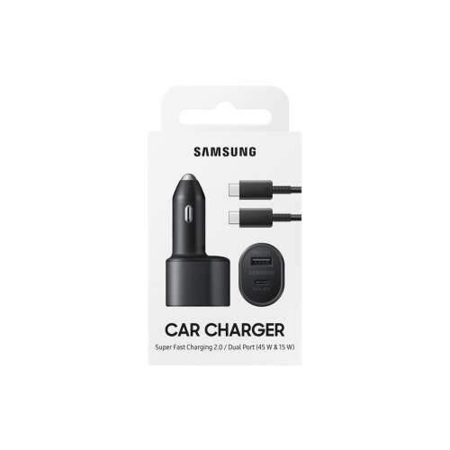 BLISZTERES Samsung EP-L5300XBEGEU fekete gyári autós gyorstöltő USB és Type-C csatlakozóval, EP-DN975BBE Type-C - Type-C adatkábellel 3000mAh max 45W