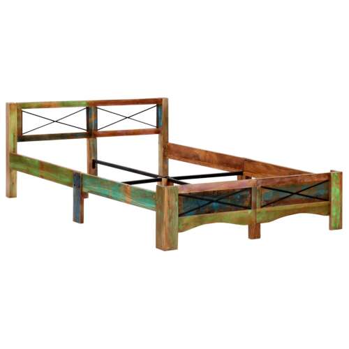 Újrahasznosított fa ágykeret, 140 x 200 cm, rusztikus, vintage, antik, tömör fa, dupla ágy - Ágy