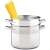 Lamart stainless steel pasta pot with steamer insert and glass lid, used for cooking spaghetti
