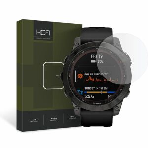 Hofi Glass Pro+ screen protector for Garmin Fenix 5/6/6 Pro/7 (22mm) applied to smartwatch, packaging visible - Smart watch display protection film