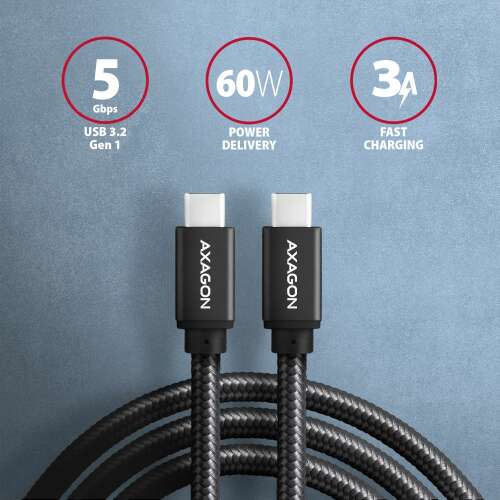 Kabel Axagon USB-C do USB-C z prędkością transferu danych 5 Gbps, 60W Power Delivery i szybkim ładowaniem 3A