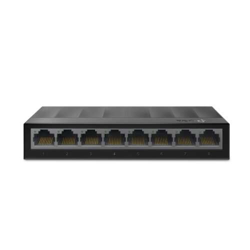 Switch desktop TP-Link LS1008G cu 8 porturi Gigabit, negru, vedere din față