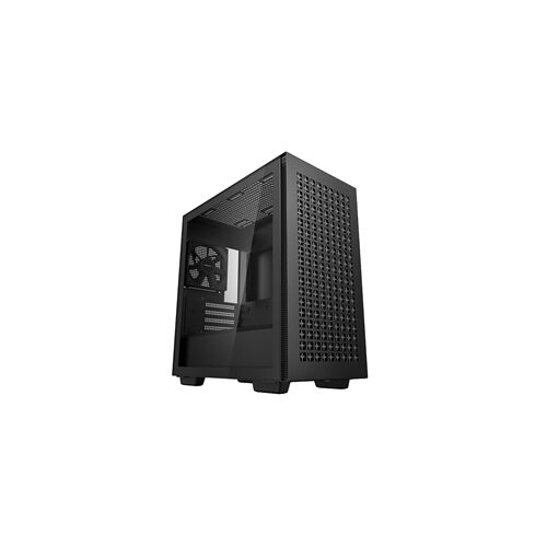 Vizualizare în unghi a carcasei PC DeepCool CH370 negru cu panou lateral din sticlă securizată
