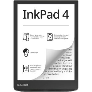 Elölnézet a PocketBook InkPad 4 e-olvasóról, kiemelve a specifikációit. - eBook olvasó
