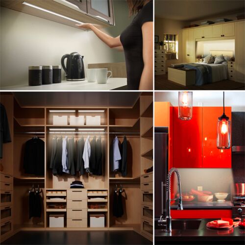 LED under cabinet lighting with motion sensor in kitchen, bedroom, and closet settings.