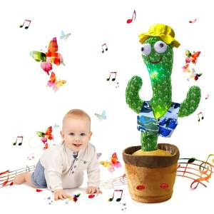 Dancing Cactus toy for kids, singing, dancing, and repeating sounds, green plush cactus with a hat, in a pot, with a baby in the background - Musical Toy