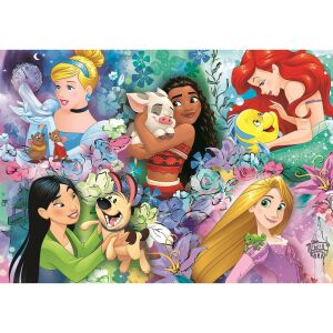 Puzzle Clementoni Disney Princesses de 60 de piese cu Ariel, Vaiana, Mulan, Rapunzel și Cenușăreasa - Puzzle 3D & Puzzle cu burete