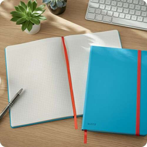 LEITZ Cosy Soft Touch B5 grid notebook, open and closed, blue with red elastic band