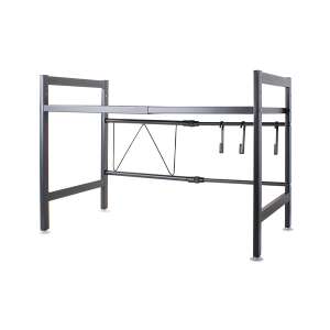 Czarny metalowy stojak na kuchenkę mikrofalową o regulowanej szerokości, 37-65 cm, 44 cm wysokości, z haczykami do przechowywania - Przechowywanie i sortowanie