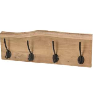Cuier rustic din lemn de tec cu patru cârlige metalice negre - Umerașe