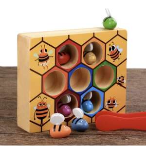 Wooden bee catching game, honeycomb board with colorful bees and tweezers - Developmental Toy for Toddler