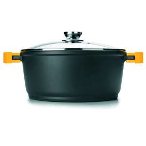 Ibili Evolution garnek aluminiowy 28 cm z pokrywką, czarny i żółty, widok z boku - Udogodnienia