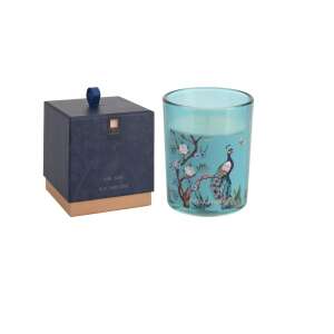 Aroma Di Rogito Duftkerze mit Blauer Jasmin Duft in einem Glasgefäß mit Pfauenmuster - Lufterfrischer