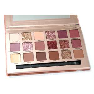 W7 Socialite Eyeshadow Palette, 18 shades, open palette with all shades visible and applicator brush - W7