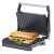 Adler AD 3052 electric grill, black and silver, open, angled view, with a sandwich inside