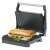 Adler AD 3052 electric grill, black and silver, open, angled view, with a sandwich inside