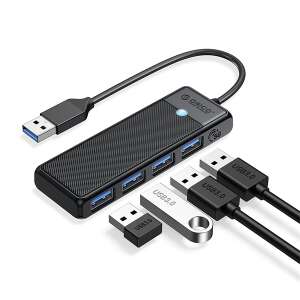 Orico USB 3.0 Hub with 4 ports, black, showing the hub with connected USB devices - USB Hub