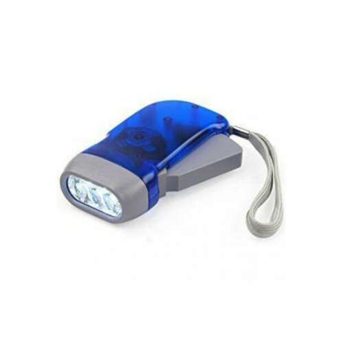 Blue hand crank flashlight with 3 LED lights