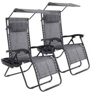 Set of 2 Timeless Tools Zero Gravity Chairs with Canopy and Cup Holder, Gray - Sun Lounger & Deck Chair