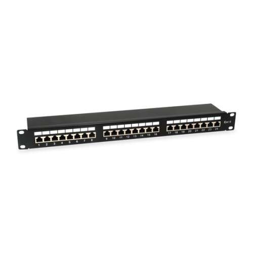 equip® 24-portový Cat.6 tienený patch panel, čierny, 1U, 19 palcov, rozvodná jednotka siete, systém riadenia káblov
